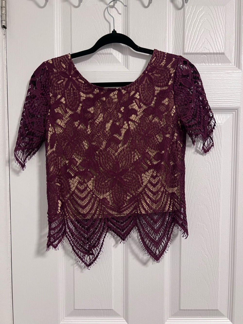Express Burgundy Lace Overlay Short Sleeve Blouse